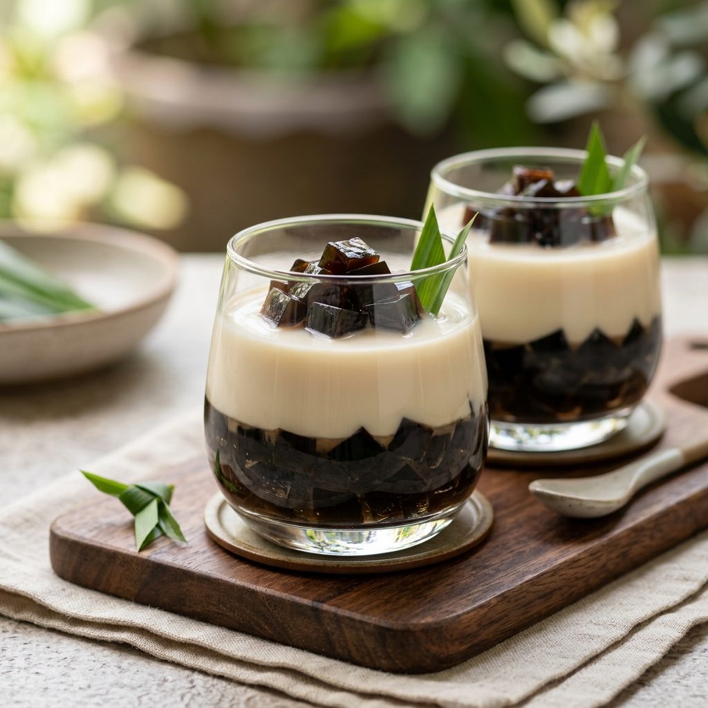 Grass Jelly and Soy Milk Layered Cups