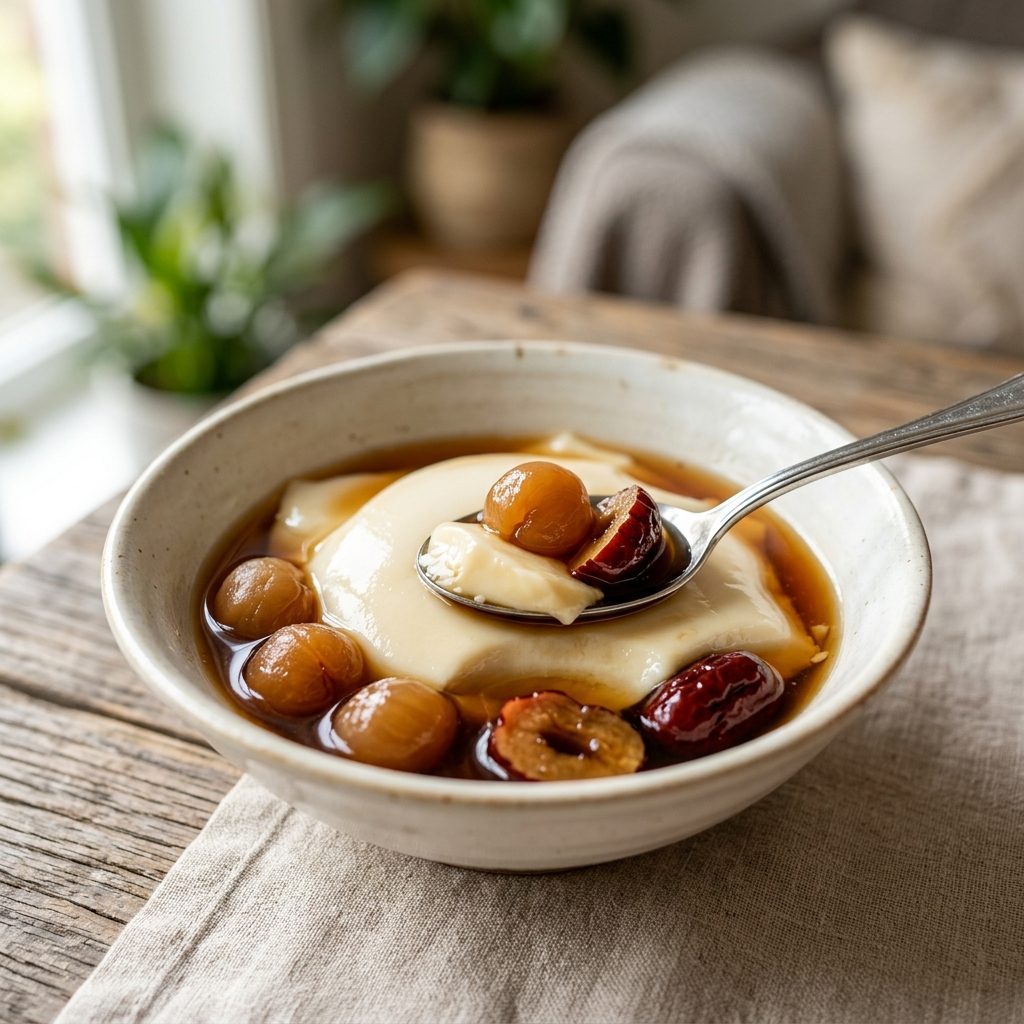 Tofu Pudding with Longan and Red Date Syrup