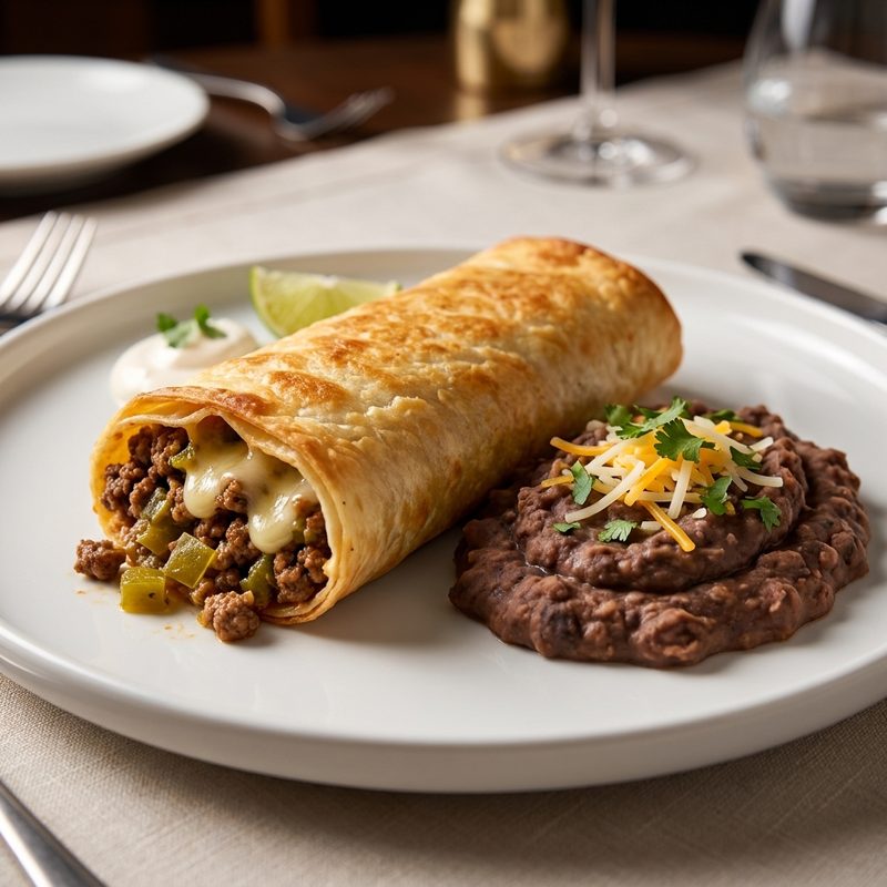 Beef Chimichanga with Refried Beans