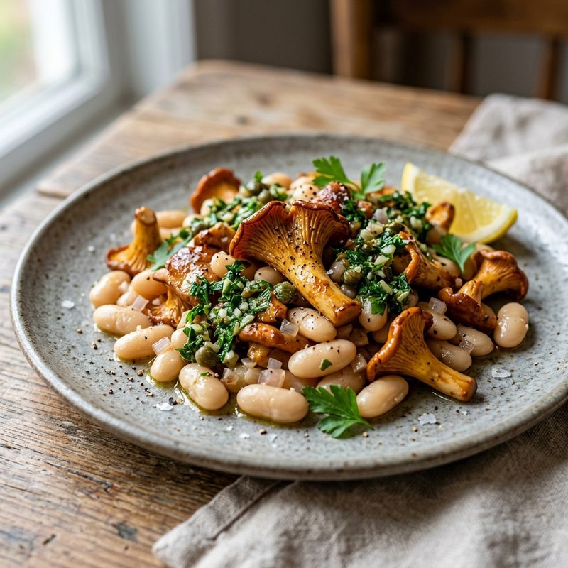 Chanterelles with beans and salsa verde