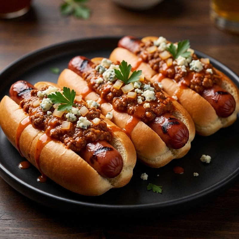 Charcoal Grilled Hot Dogs with Buffalo Meat Sauce
