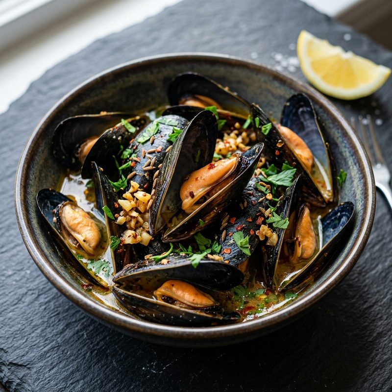 Mussels with cumin and garlic