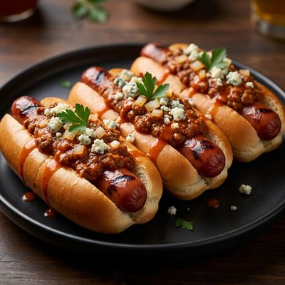 Charcoal Grilled Hot Dogs with Buffalo Meat Sauce