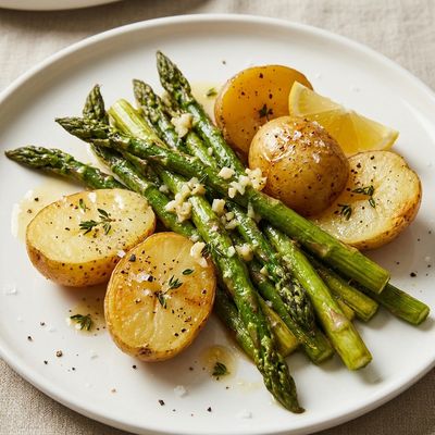Garlic Butter Roasted Asparagus and New Potatoes