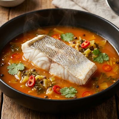 Poached Seabass in Spicy Pickled Vegetable Broth
