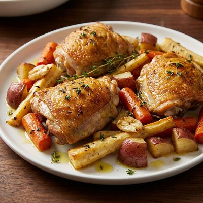 Skillet Chicken Thighs with Roasted Root Vegetables